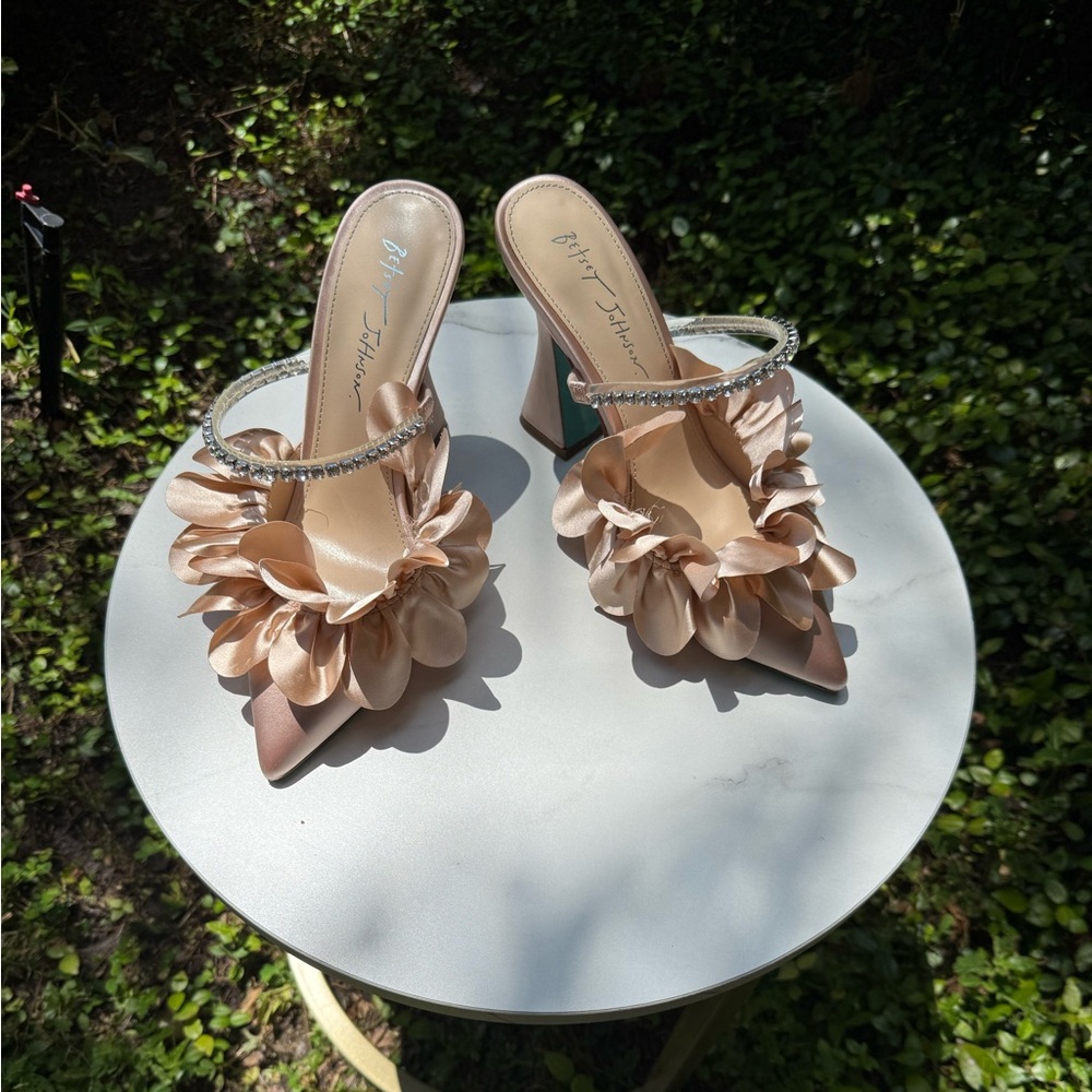 Betsey Johnson Nude Satin Backless Heels w/  Floral Ruffles